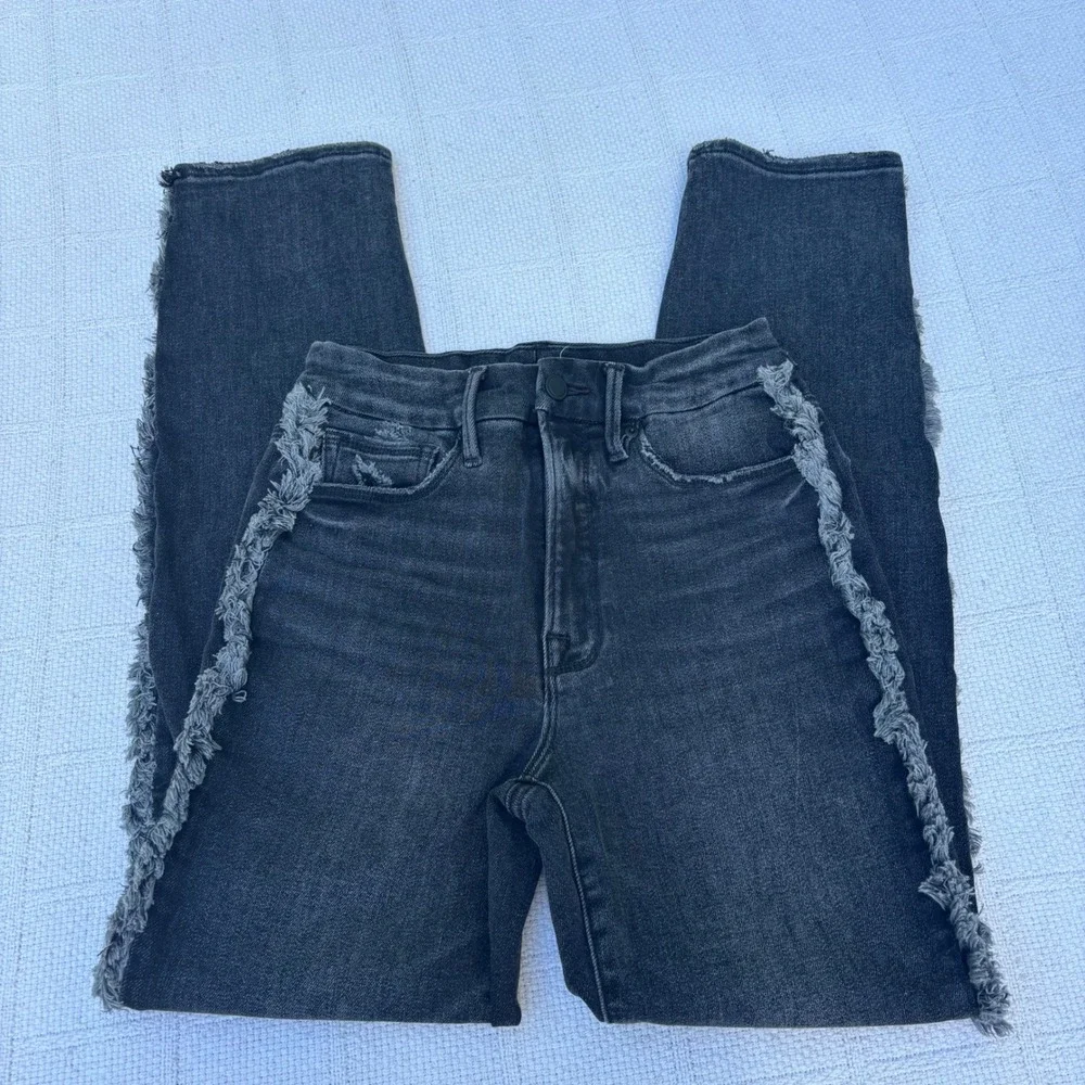 Women's 4/27 GOOD AMERICAN Black Gray High Rise Straight Leg Fringe Western Jean
